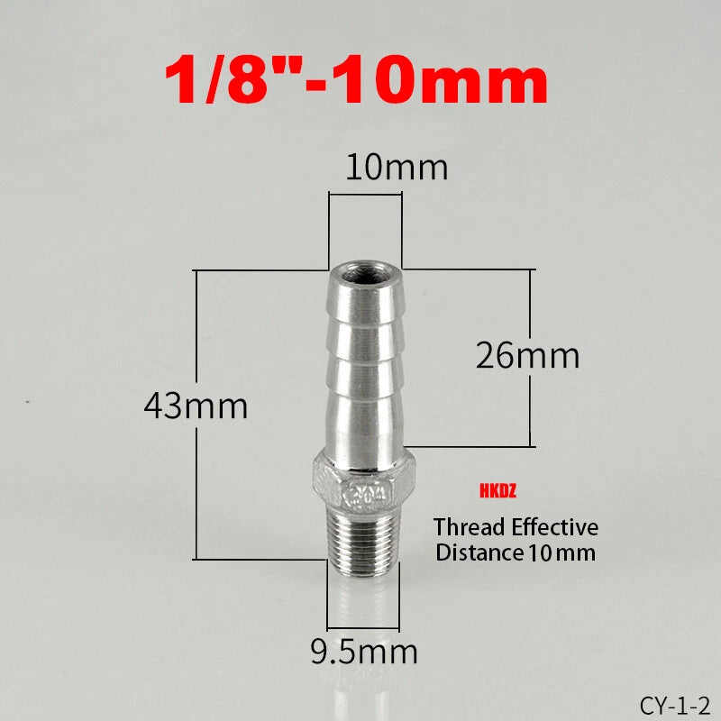 304 Stainless Steel Male Thread Barb Hose Tail Connector | 1/8" to 3/8" NPT