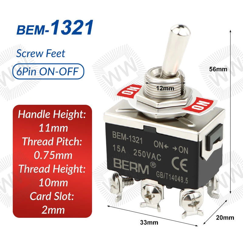 Heavy Duty Metal Toggle Switch – 15A 250VAC, 2/3/4/6 Pin, ON-OFF & ON-OFF-ON