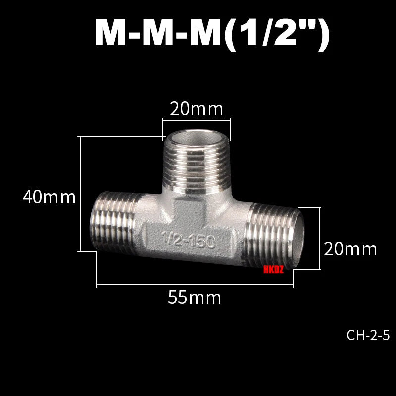 304 Stainless Steel BSP 3-Way Pipe Fitting — 1/4" to 2" Female & Male Thread Tee Connector