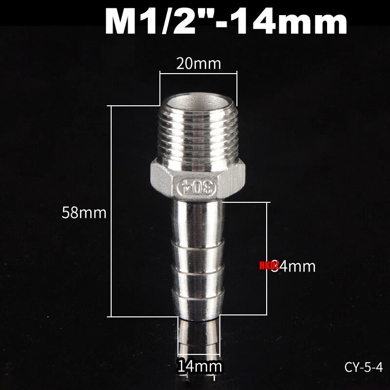 Stainless Steel 304 Barb Hose Tail Connector – 1/2" & 3/4" BSP Male Thread Hose Fittings