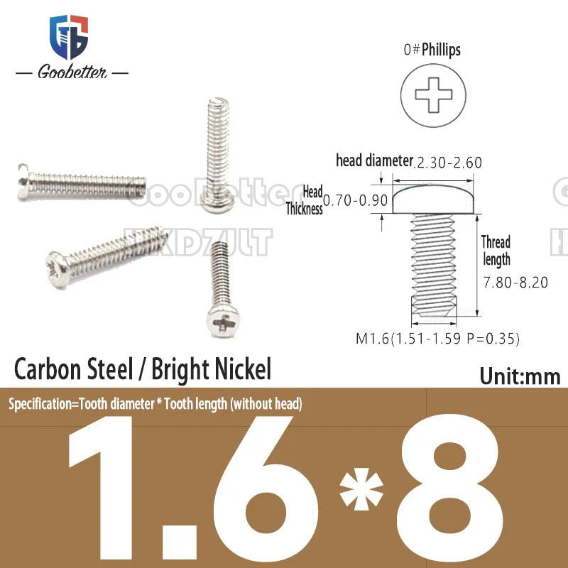 M1.6 & M1.7 Phillips Pan Round Head Machine Screws – Carbon Steel, Brass or Stainless, Lengths 1.5–22mm