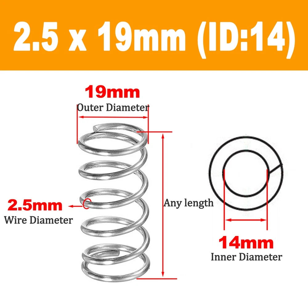 304 Stainless Steel Compression Spring Wire Dia 2.5mm, L 20-100mm, OD 12-36mm
