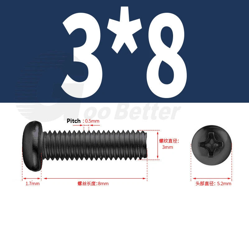 M2 M2.5 M3 M4 M5 Black Zinc Phillips Pan Head Machine Screws – Carbon Steel, 3–20mm