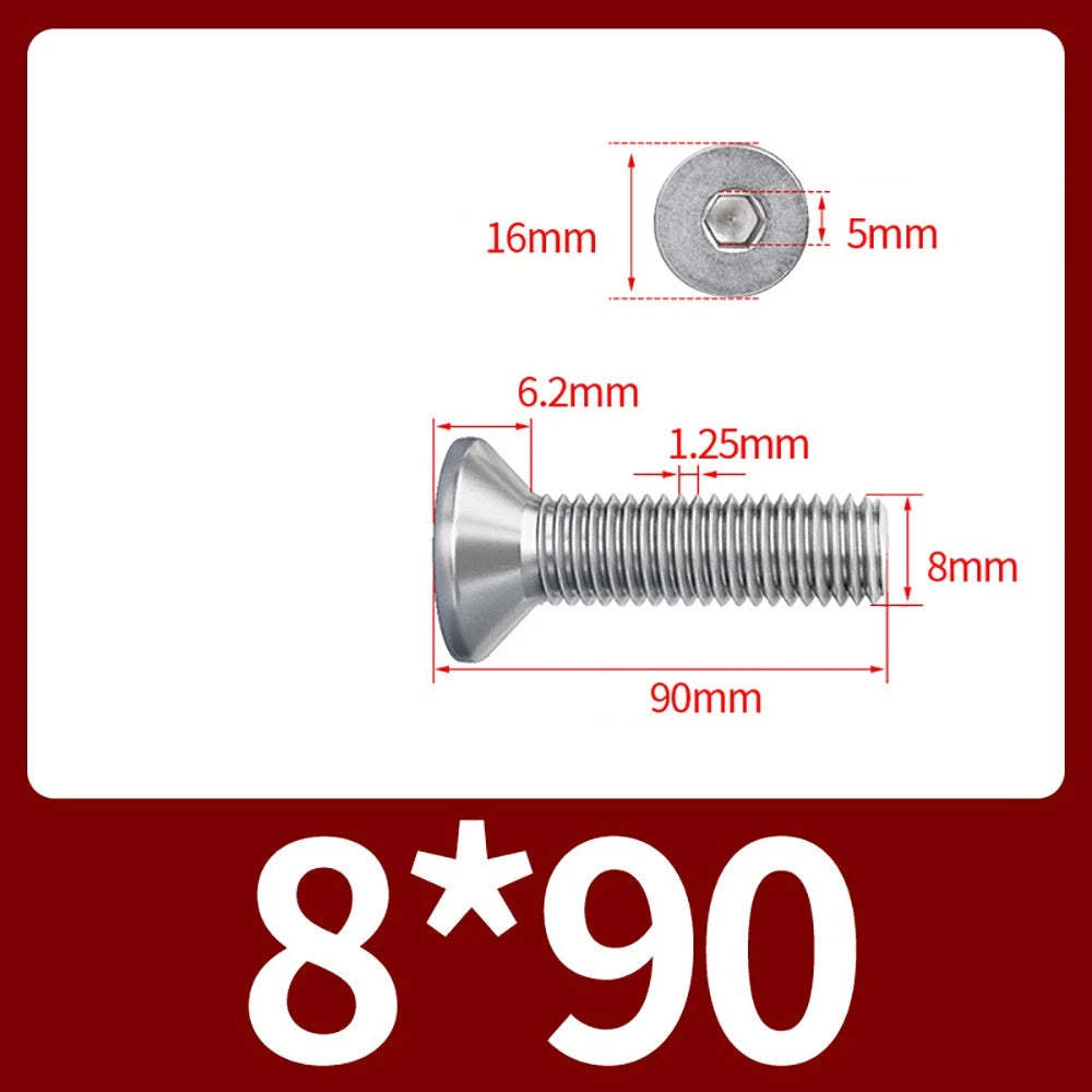 M8 M10 Countersunk Socket Head Screws – 304 Stainless Steel A2, Fully Threaded, 10–150mm
