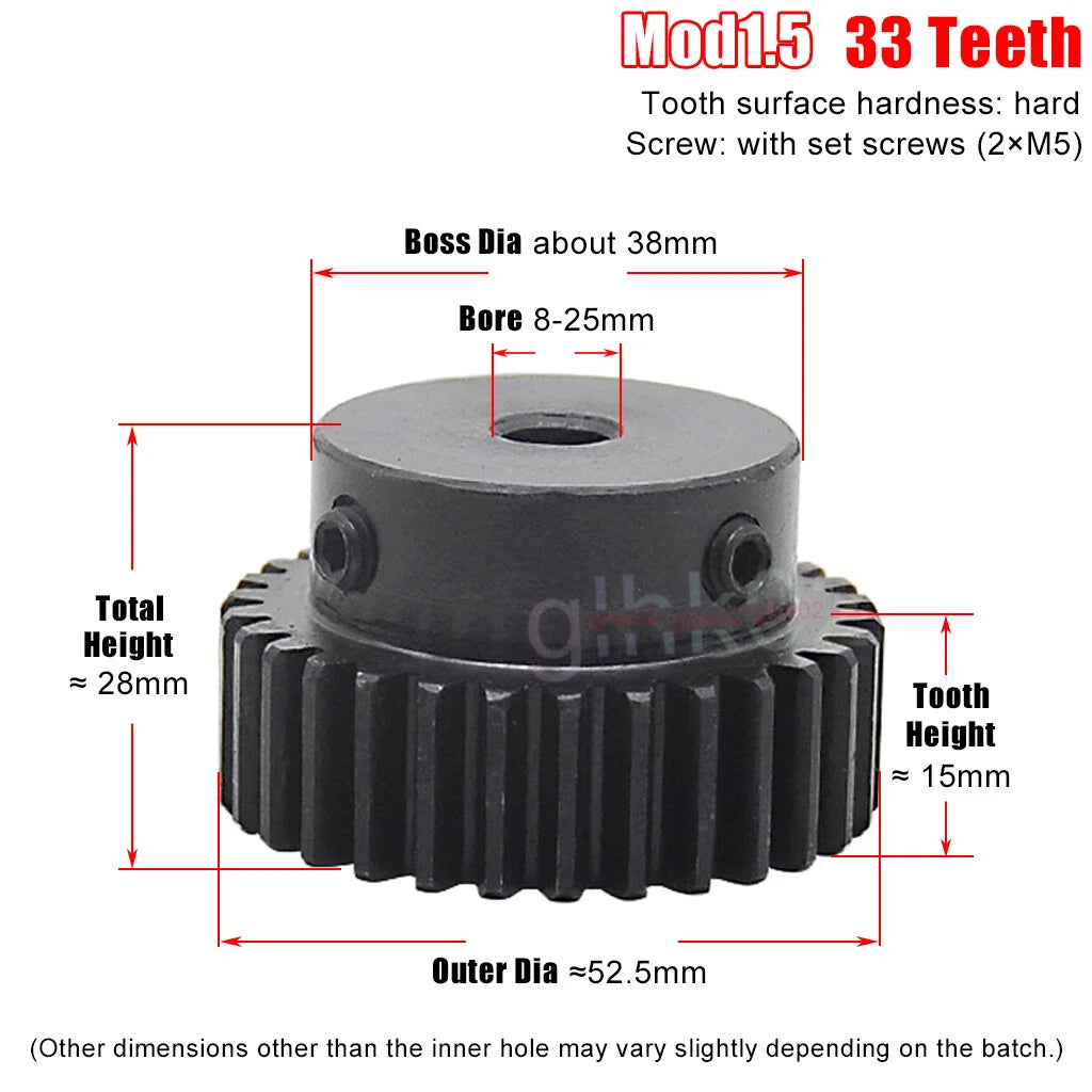 Mod1.5 Steel Pinion Gear Spur Gear 12-100 Teeth 4-25mm Bore With Screw Blackened
