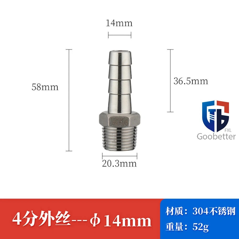 BSP Stainless Steel Male Thread Barb Hose Tail Connector — 1/8" to 2"