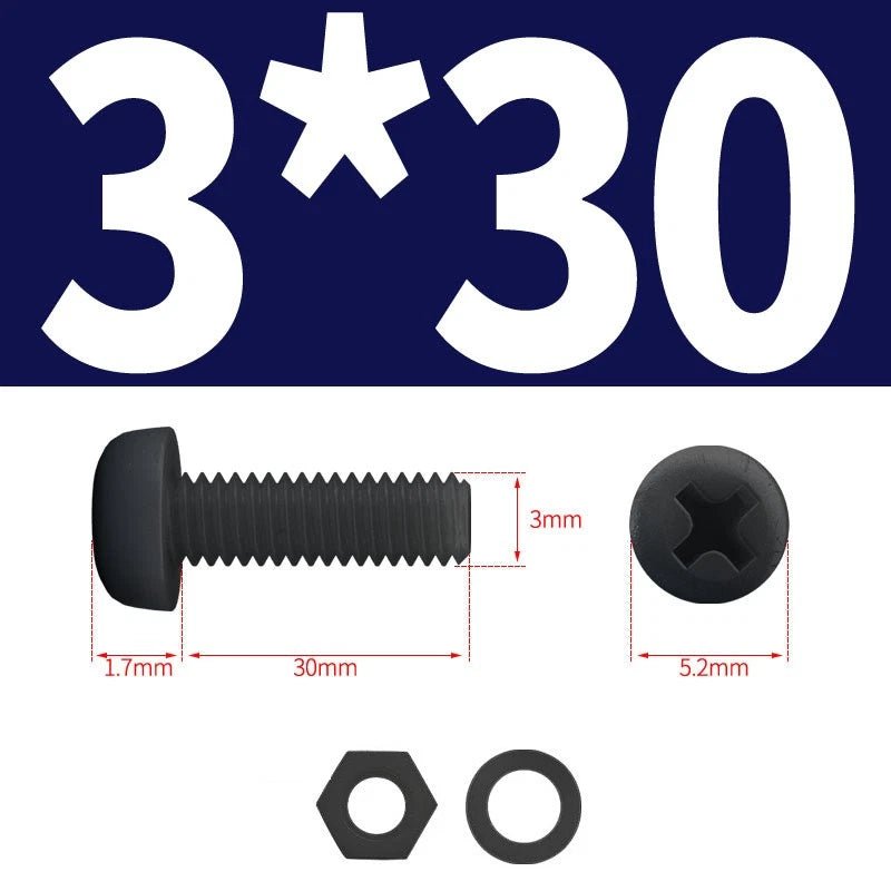 Black Nylon Phillips Machine Screws with Nuts & Washers — Metric M2 to M8 - HomeDIYer