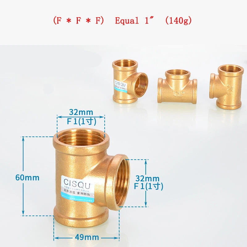 Brass Tee Pipe Fittings – NPT Thread, 1/8" to 2", M/F Configurations