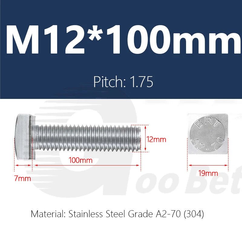 M12 T - Bolt Square Head Screws for T - Slot Aluminum Profile — Stainless Steel A2 304 - HomeDIYer