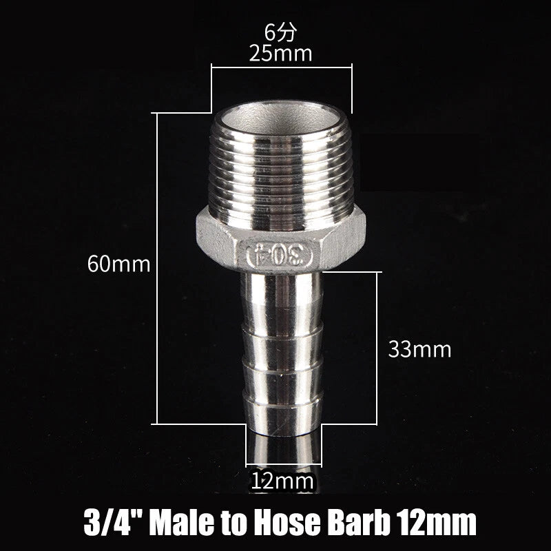 BSP Stainless Steel Male Hose Barb Fitting — 1/2" & 3/4" to Barb Connector