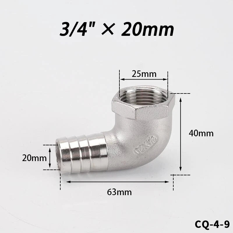 Stainless Steel Female Fitting x Barb Hose Tail End Elbow Connector 1 4" - 11 2"