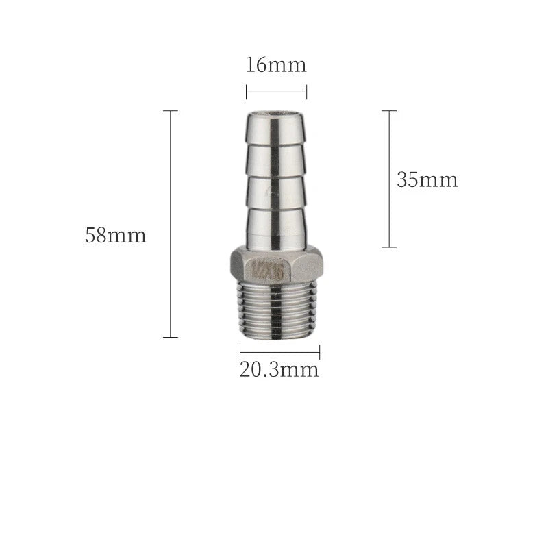 A2 Stainless Steel Straight Barb Hose Connector — Male Thread, 6mm to 20mm Tubing