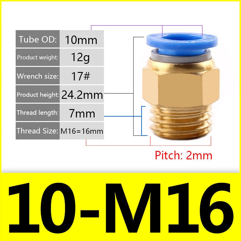 Pneumatic Straight Male Stud Push-to-Connect Fitting | PC4–PC12 × M5–M16