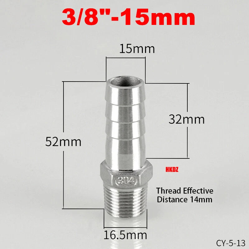 304 Stainless Steel Male Thread Barb Hose Tail Connector | 1/8" to 3/8" NPT