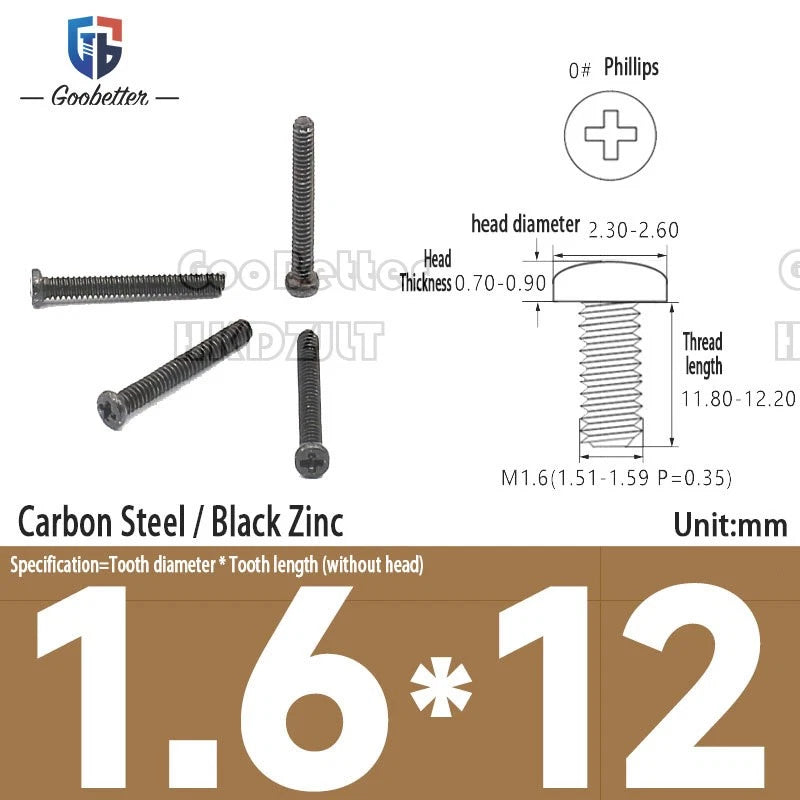 M1.6 & M1.7 Phillips Pan Round Head Machine Screws – Carbon Steel, Brass or Stainless, Lengths 1.5–22mm