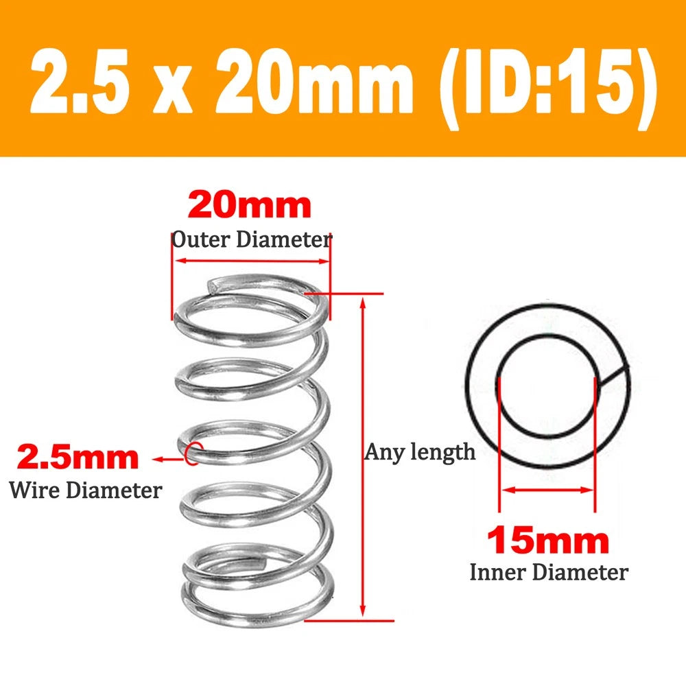 304 Stainless Steel Compression Spring Wire Dia 2.5mm, L 20-100mm, OD 12-36mm