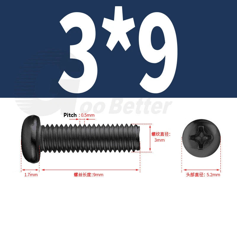 M2 M2.5 M3 M4 M5 Black Zinc Phillips Pan Head Machine Screws – Carbon Steel, 3–20mm
