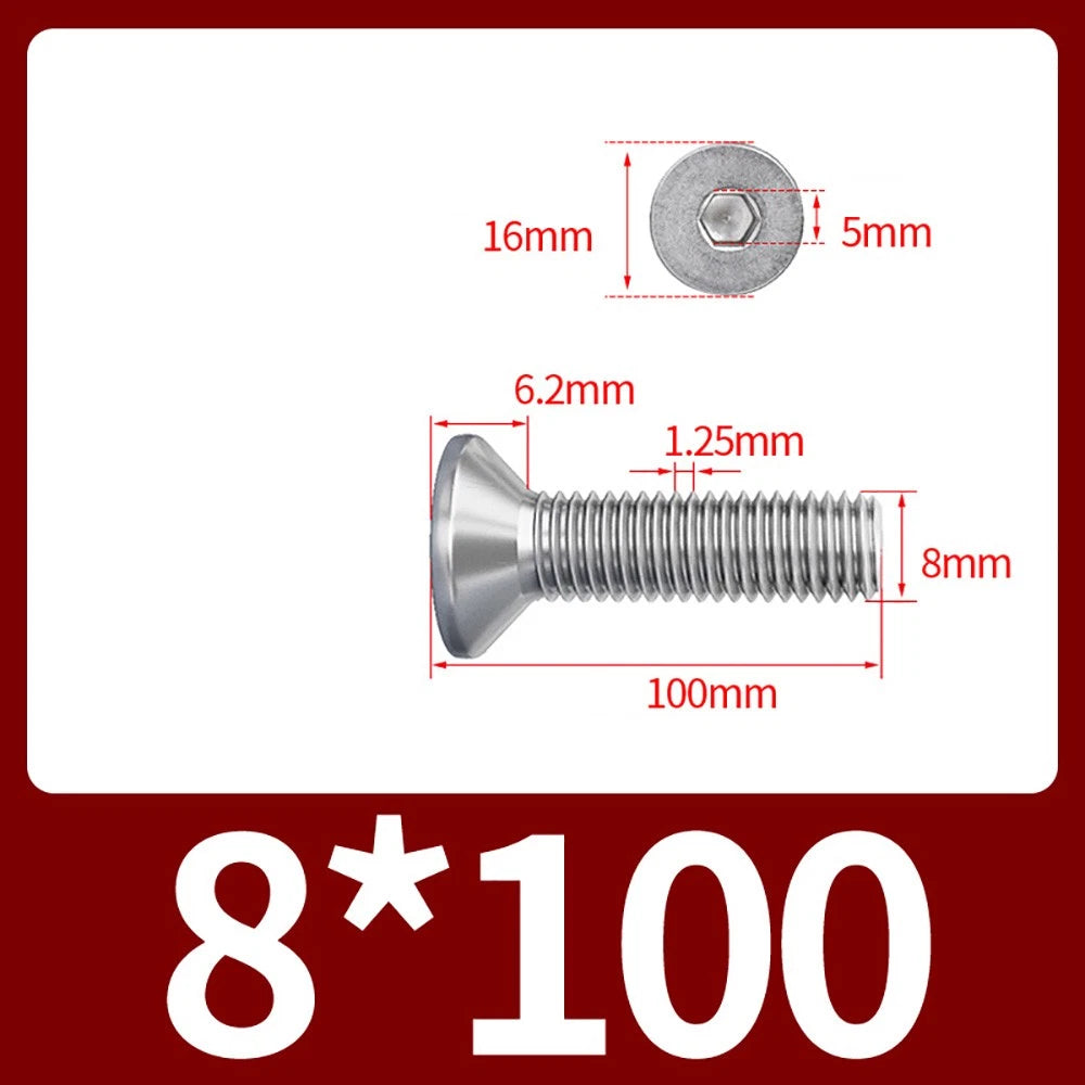 M8 M10 Countersunk Socket Head Screws – 304 Stainless Steel A2, Fully Threaded, 10–150mm