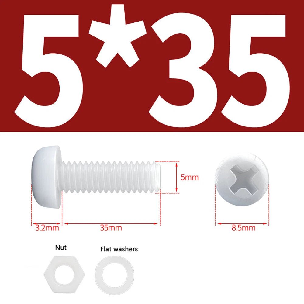 M4 M5 Nylon Phillips Pan Head Machine Screws with Hex Nuts and Flat Washers – White & Black - HomeDIYer