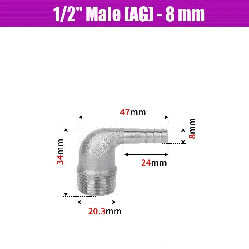 BSP Male Elbow Barbed Hose Connector — Stainless Steel, 1/8" to 1/2", 6–16mm