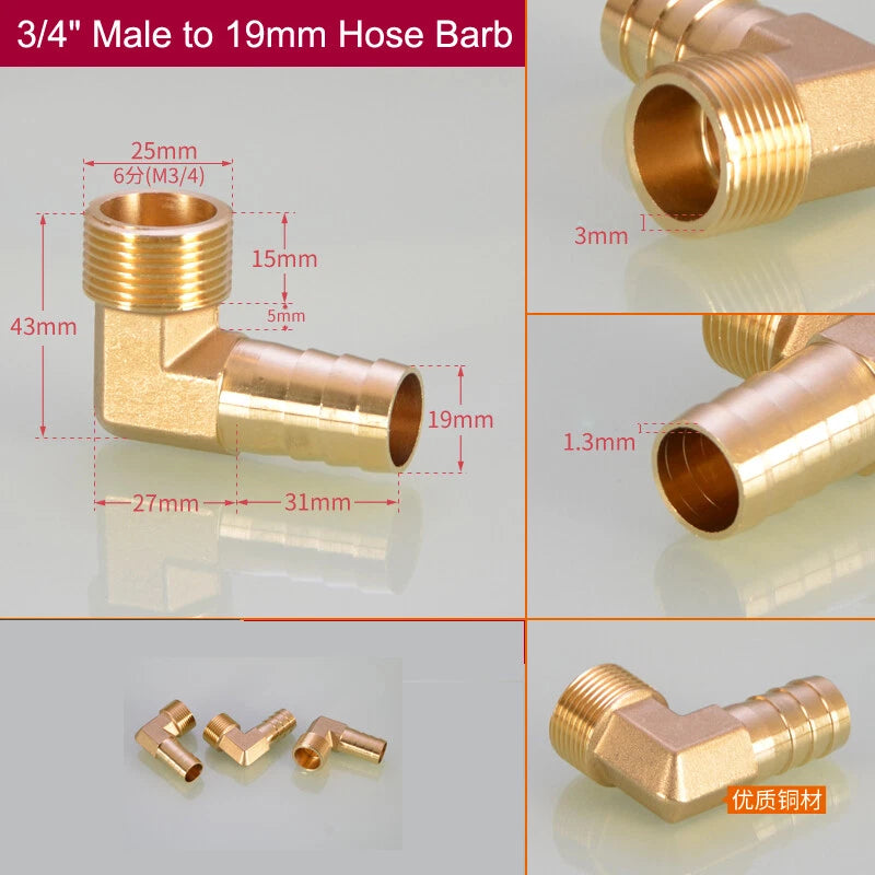 Brass Hose Barb Elbow Fittings — Male BSP to Metric Barb, 1/8" to 3/4" BSP