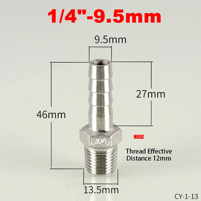 304 Stainless Steel Male Thread Barb Hose Tail Connector | 1/8" to 3/8" NPT