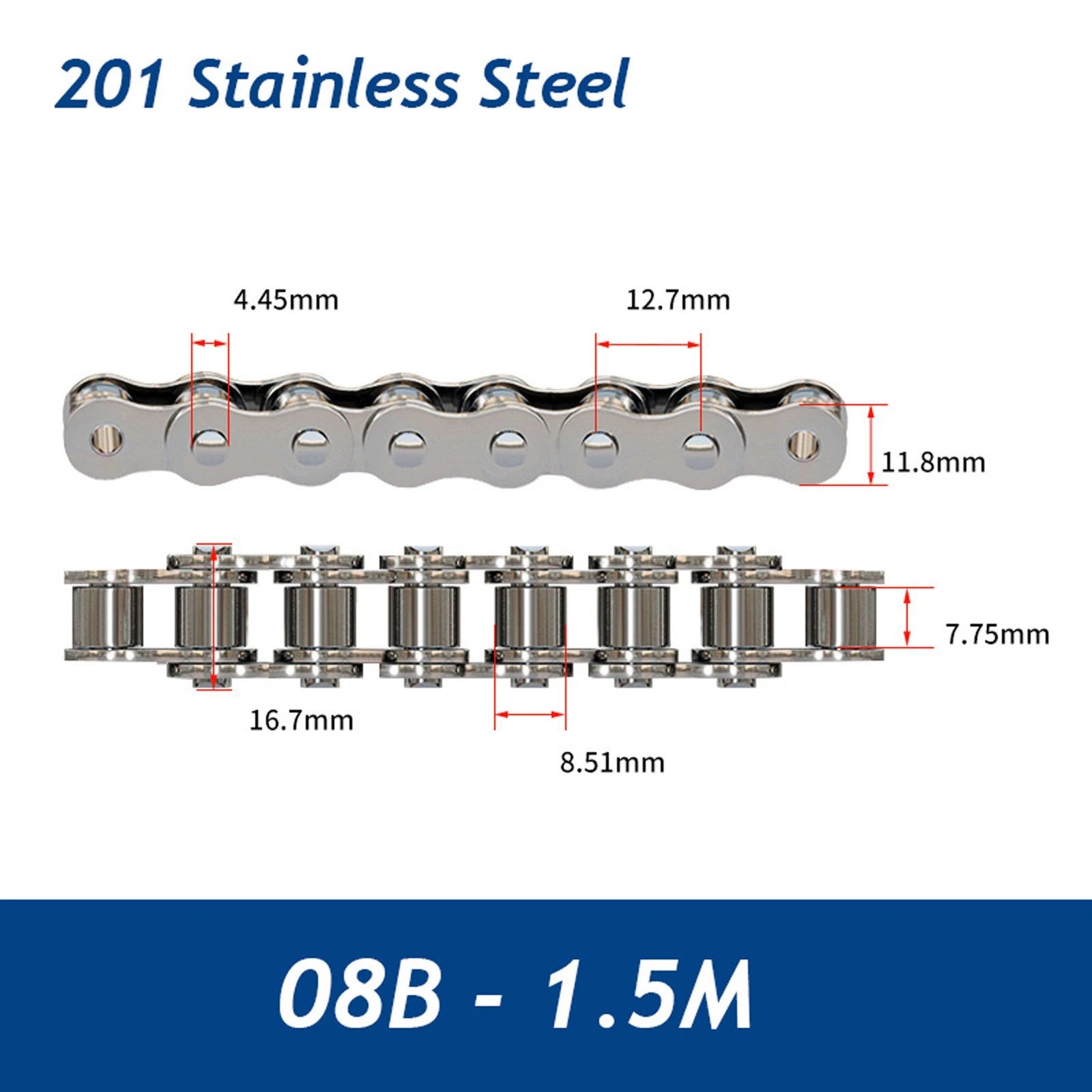 304/201 Stainless Steel Simplex Roller Chain Standard Quality 1M/1.524M All Size