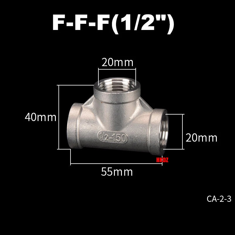 304 Stainless Steel BSP 3-Way Pipe Fitting — 1/4" to 2" Female & Male Thread Tee Connector