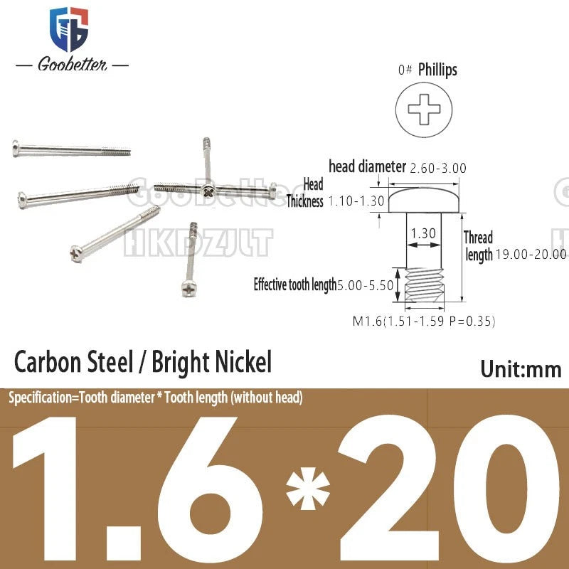 M1.6 & M1.7 Phillips Pan Round Head Machine Screws – Carbon Steel, Brass or Stainless, Lengths 1.5–22mm