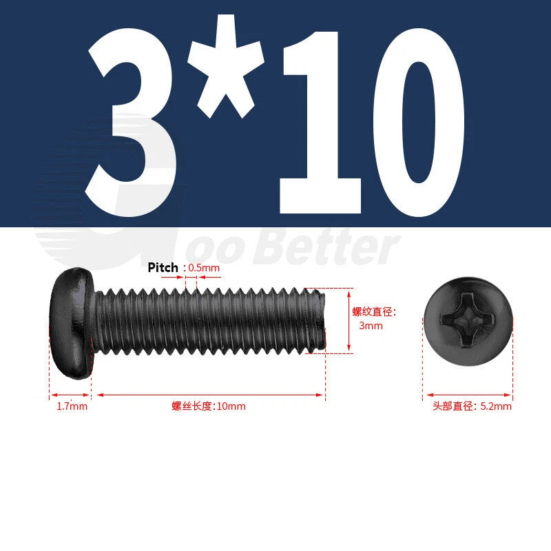 M2 M2.5 M3 M4 M5 Black Zinc Phillips Pan Head Machine Screws – Carbon Steel, 3–20mm