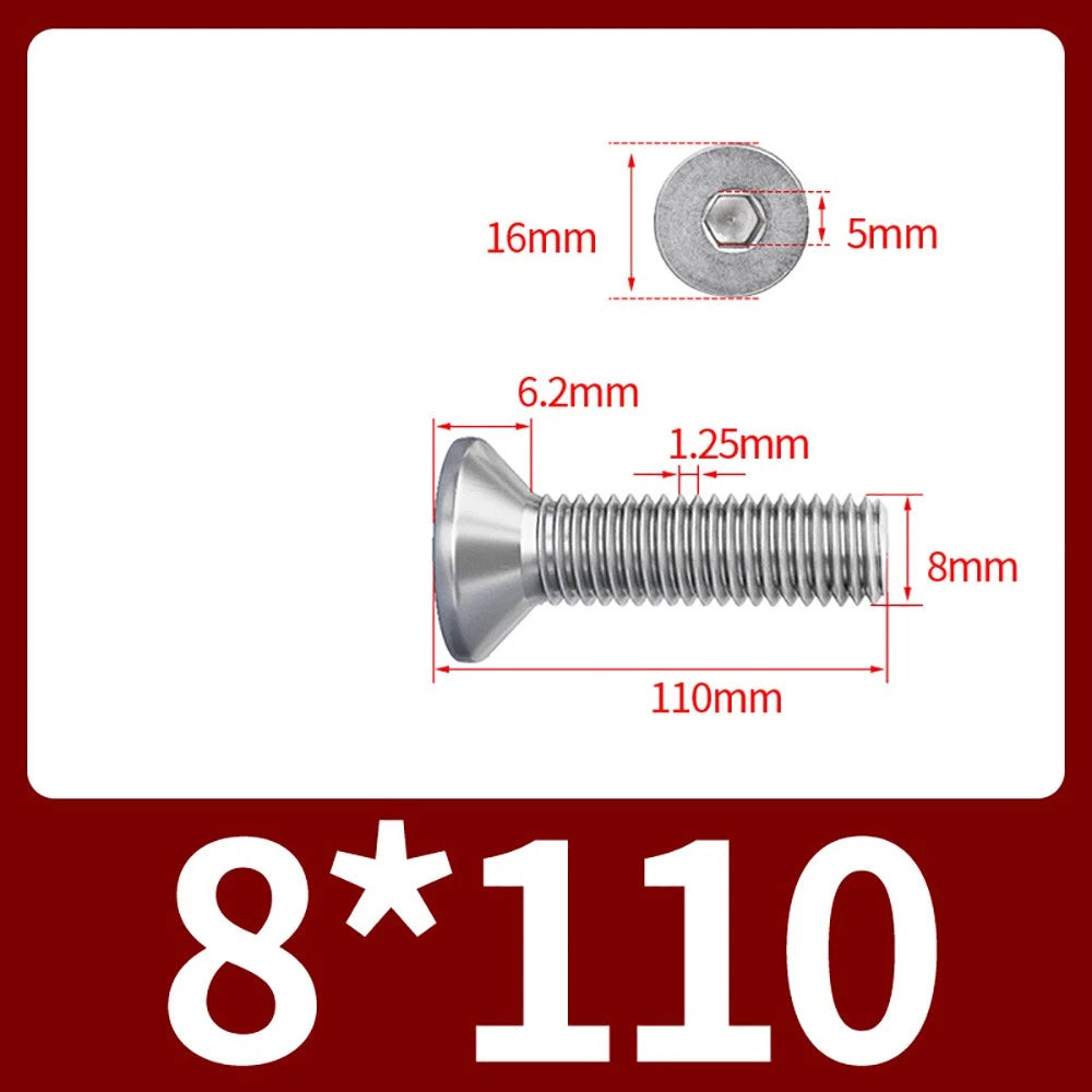 M8 M10 Countersunk Socket Head Screws – 304 Stainless Steel A2, Fully Threaded, 10–150mm