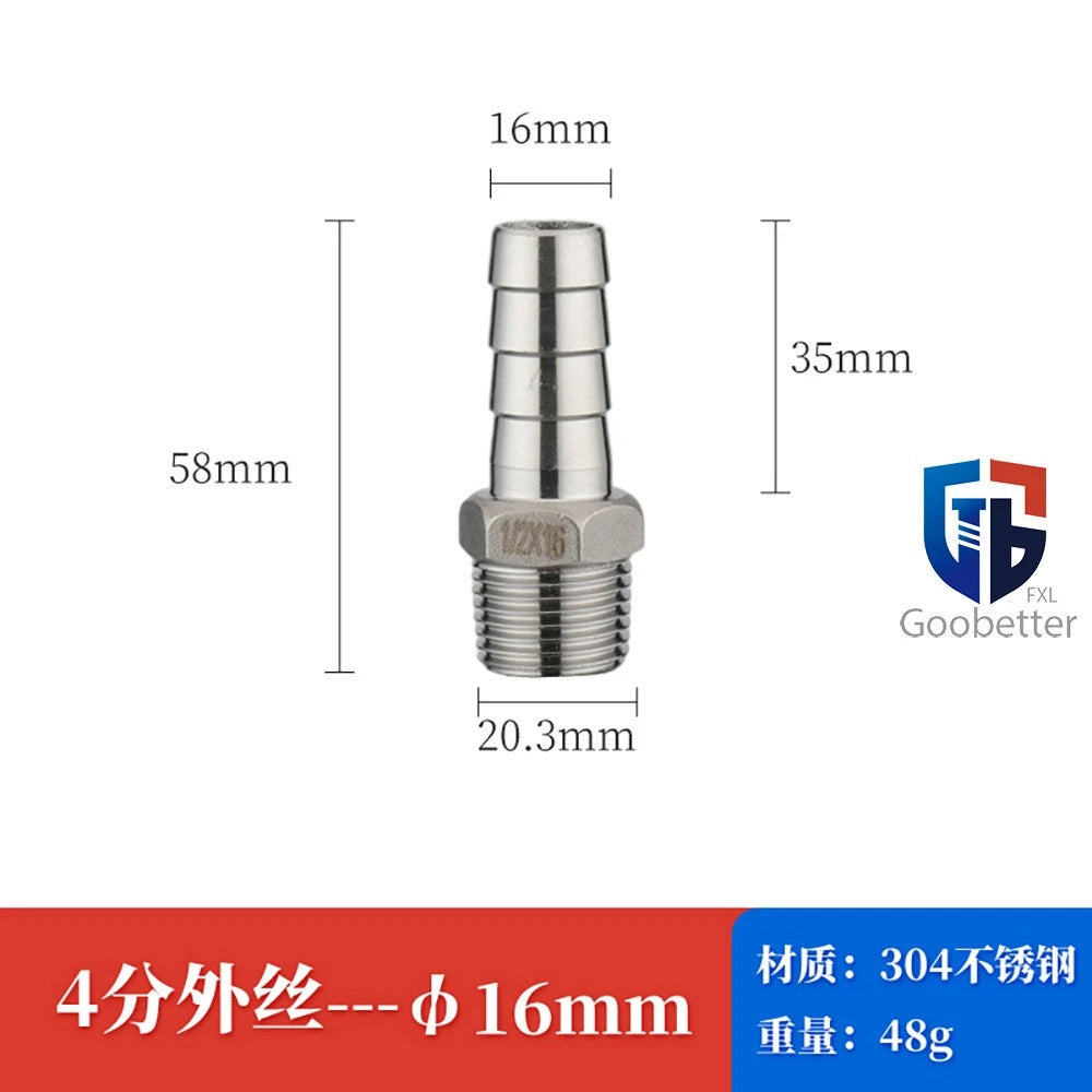 BSP Stainless Steel Male Thread Barb Hose Tail Connector — 1/8" to 2"