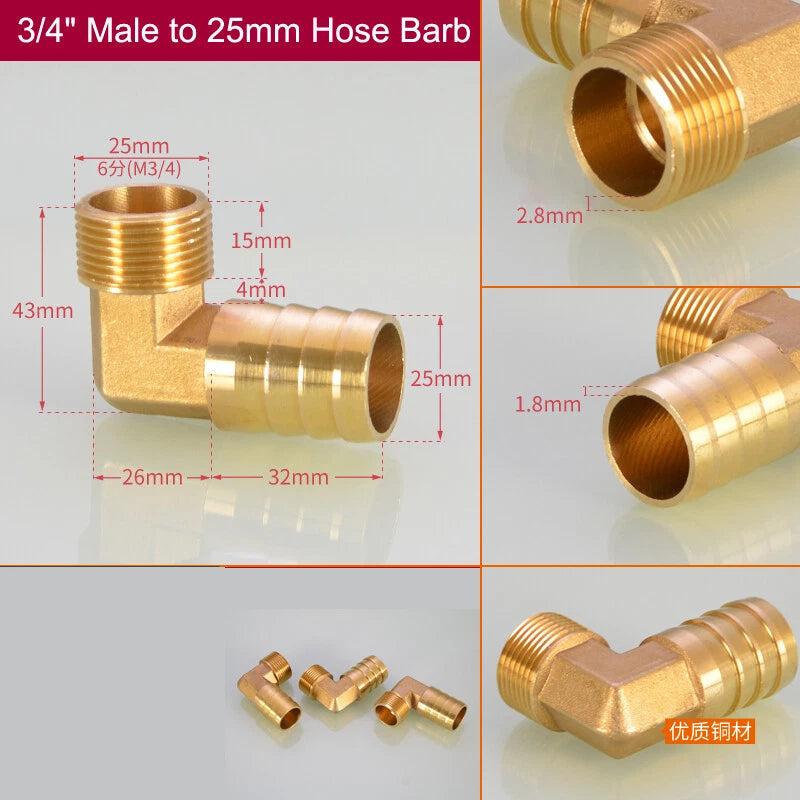 Brass Hose Barb Elbow Fittings — Male BSP to Metric Barb, 1/8" to 3/4" BSP