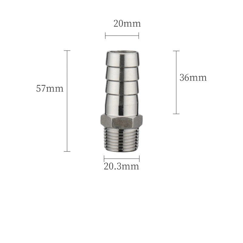 A2 Stainless Steel Straight Barb Hose Connector — Male Thread, 6mm to 20mm Tubing