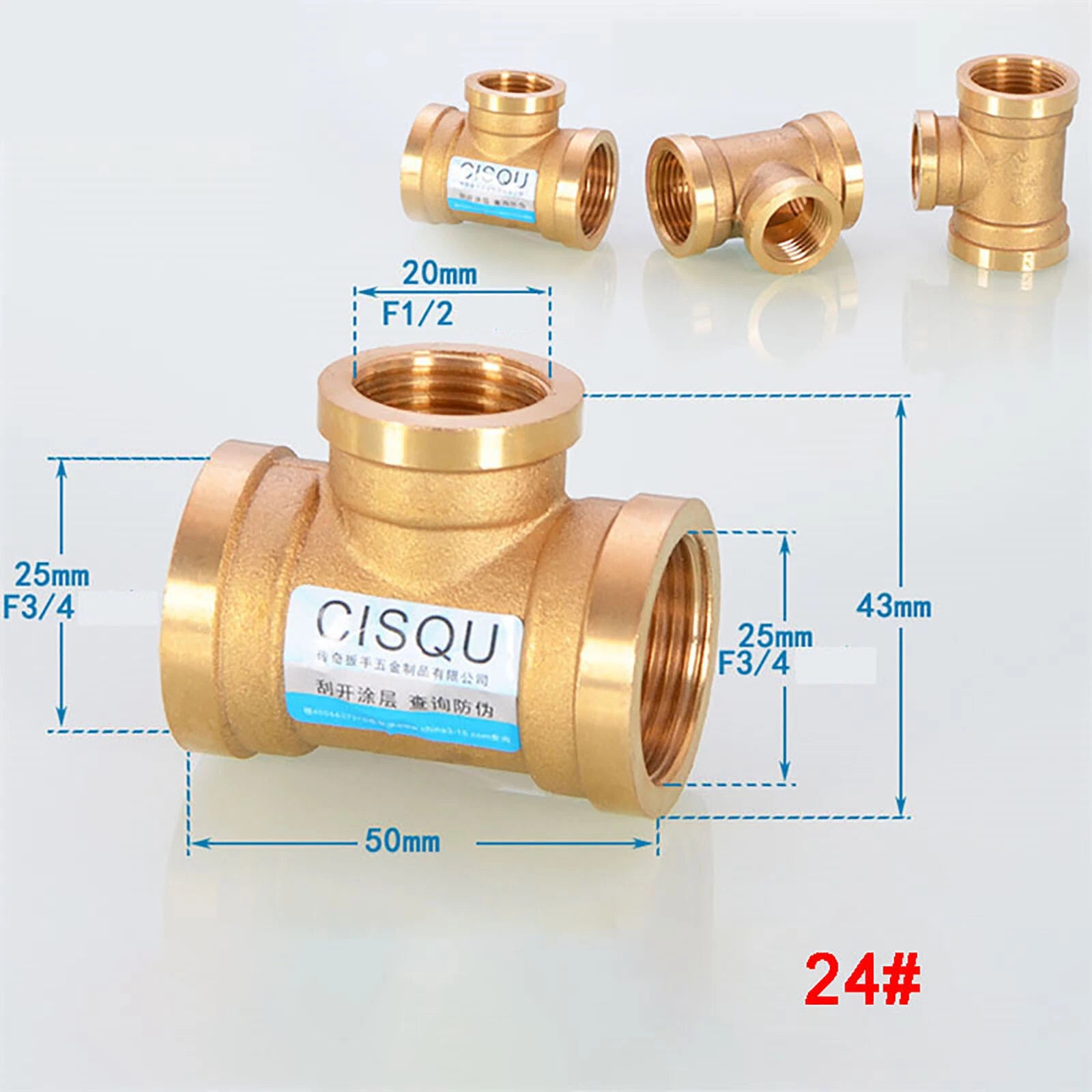 Brass Tee 3-Way BSP Pipe Fitting — Equal & Reducer, 1/2" & 3/4"