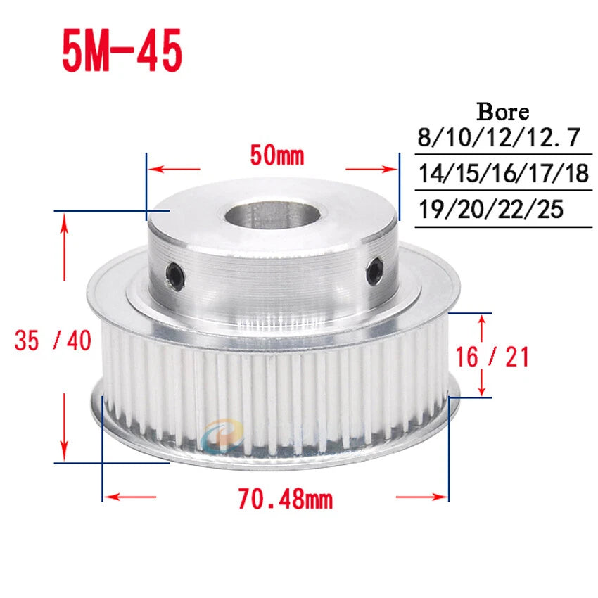 HTD-5M 10T-72T Timing Belt Pulley With Step Bore 5-25mm, For 20mm Width Belt