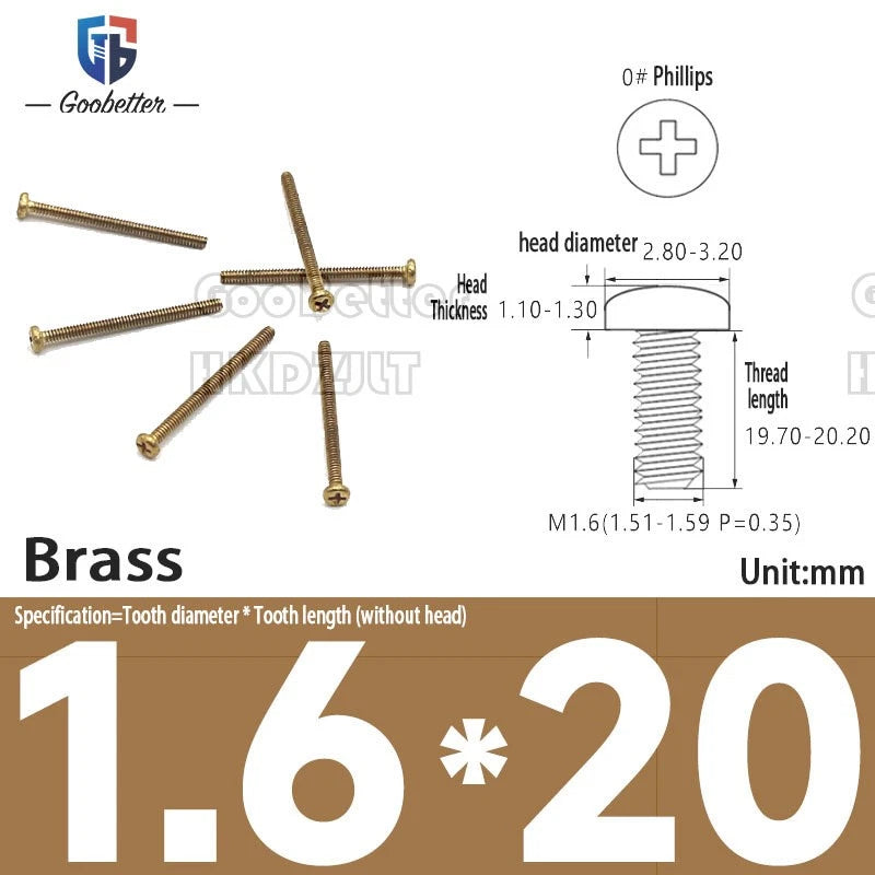 M1.6 & M1.7 Phillips Pan Round Head Machine Screws – Carbon Steel, Brass or Stainless, Lengths 1.5–22mm