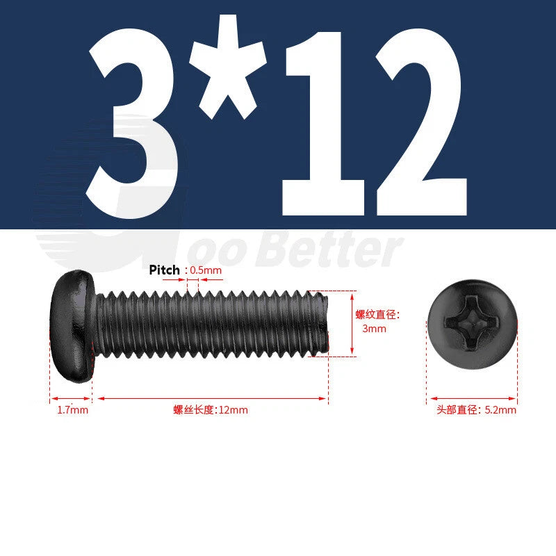 M2 M2.5 M3 M4 M5 Black Zinc Phillips Pan Head Machine Screws – Carbon Steel, 3–20mm