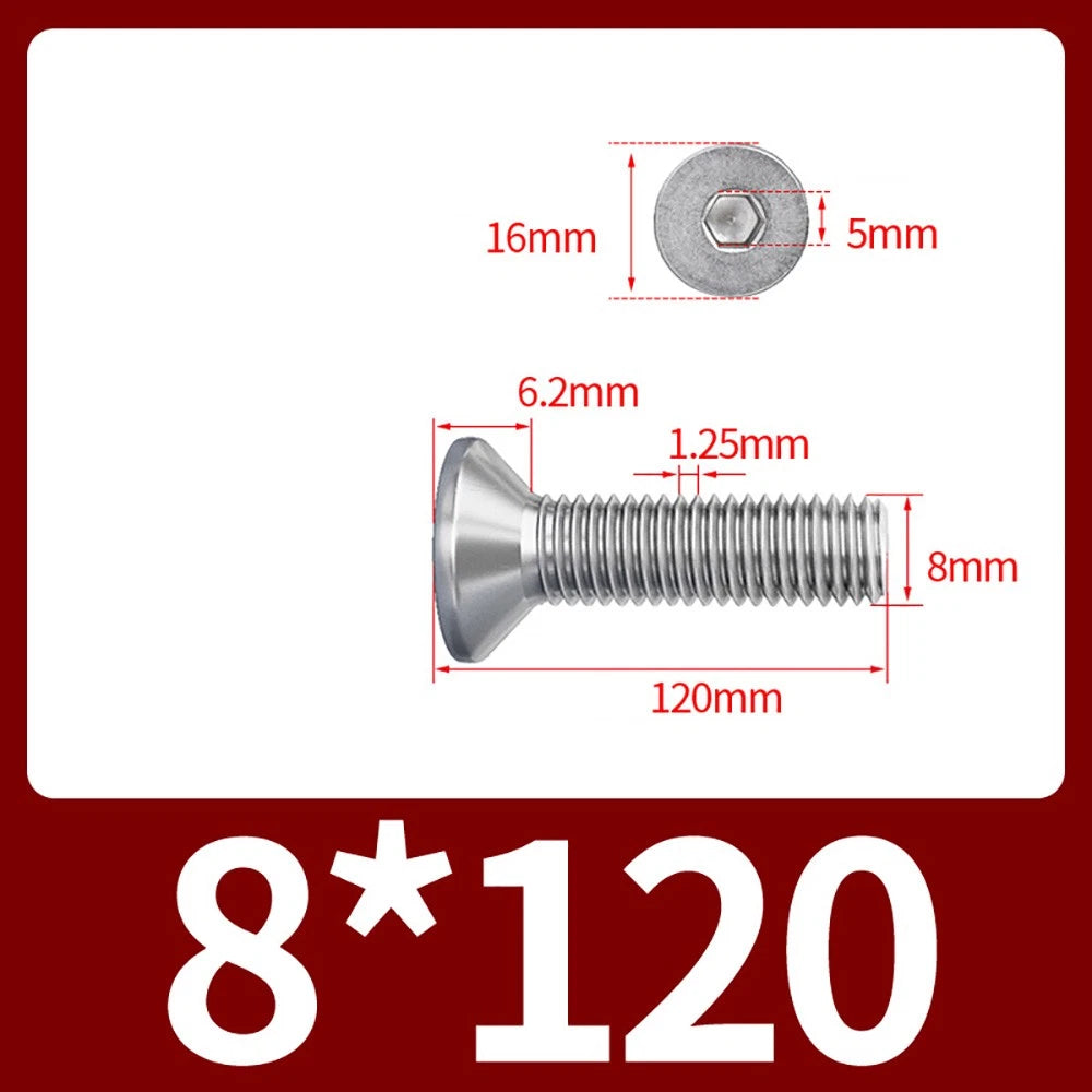 M8 M10 Countersunk Socket Head Screws – 304 Stainless Steel A2, Fully Threaded, 10–150mm