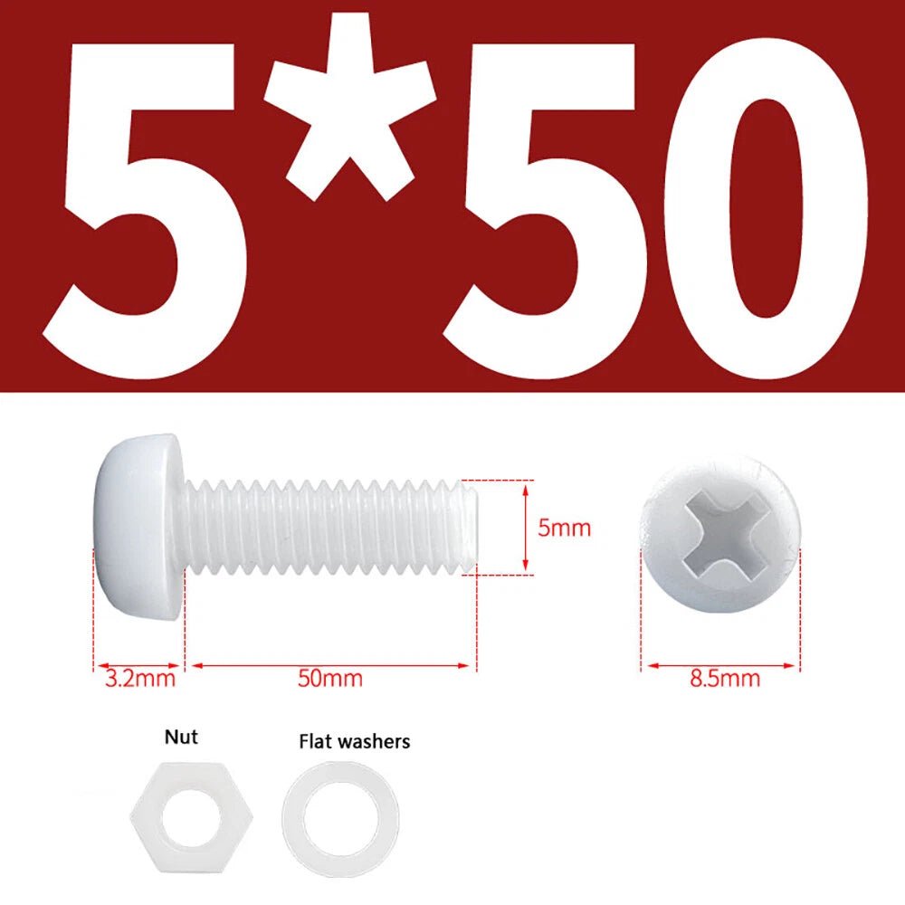 M4 M5 Nylon Phillips Pan Head Machine Screws with Hex Nuts and Flat Washers – White & Black - HomeDIYer
