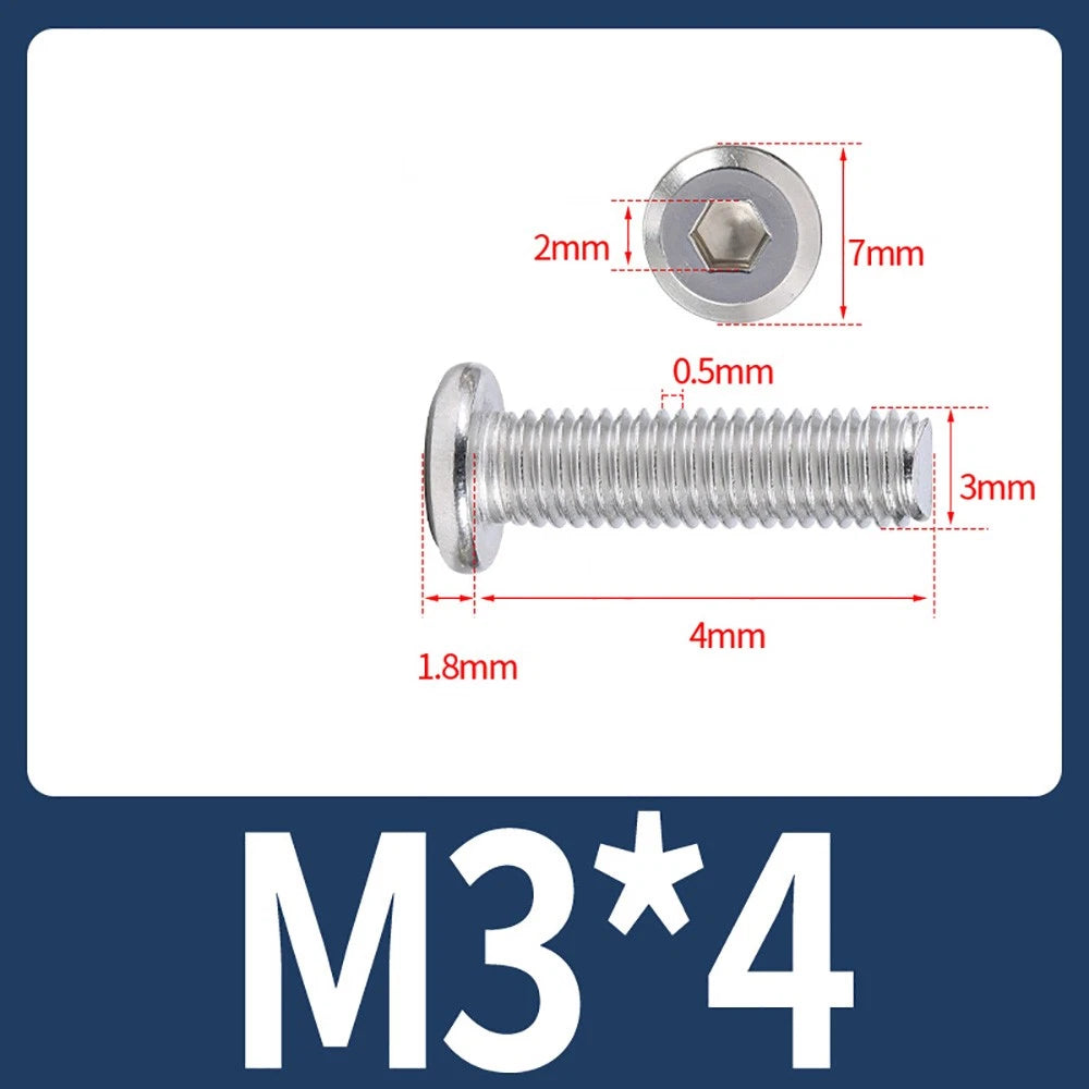 M2 M3 M4 Flat Round Head Hex Socket Screws – A2 Stainless Steel, Fully Threaded (3–50mm)