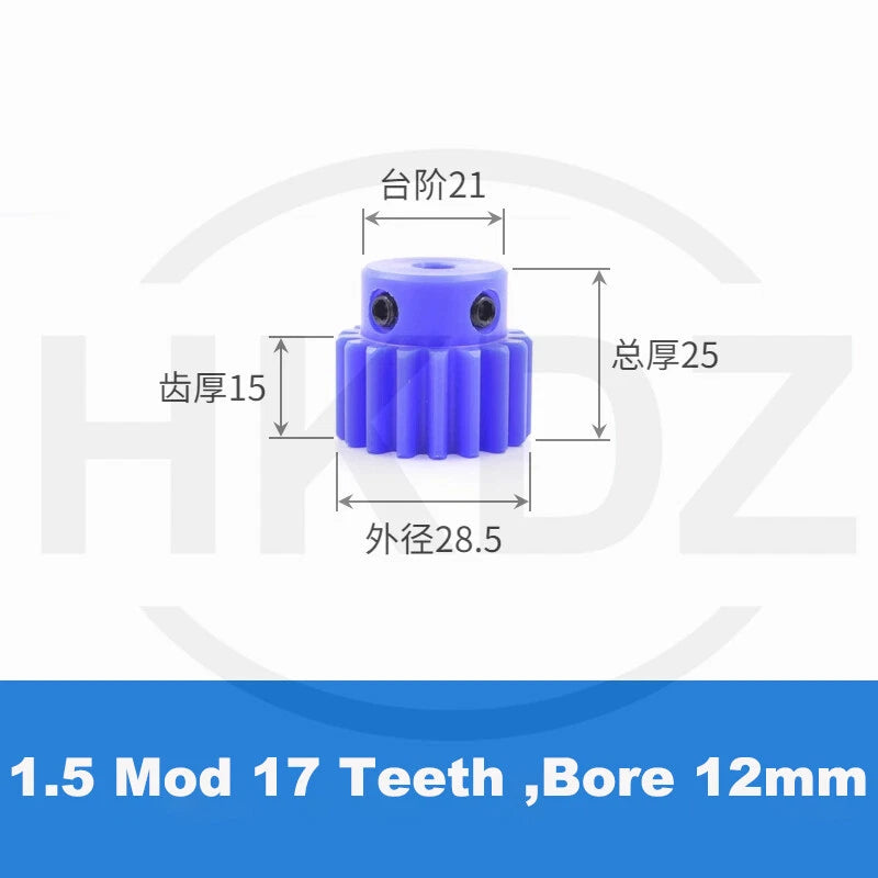 1.5 Mod Blue Nylon Spur Gear 15-60T,Bore 6-12mm Pinion Gear With Step Motor Gear