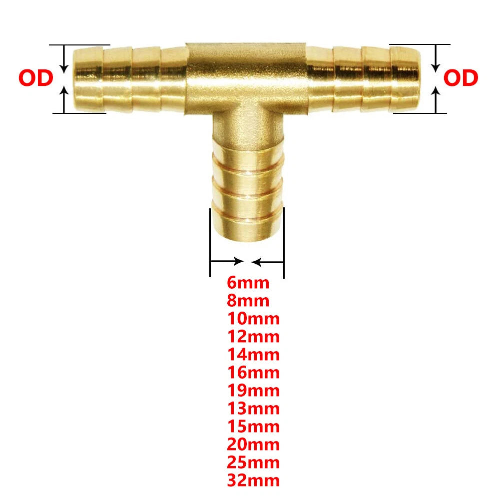 Tee Barb Hose Fitting — Brass & 304 Stainless Steel, 6mm–32mm OD