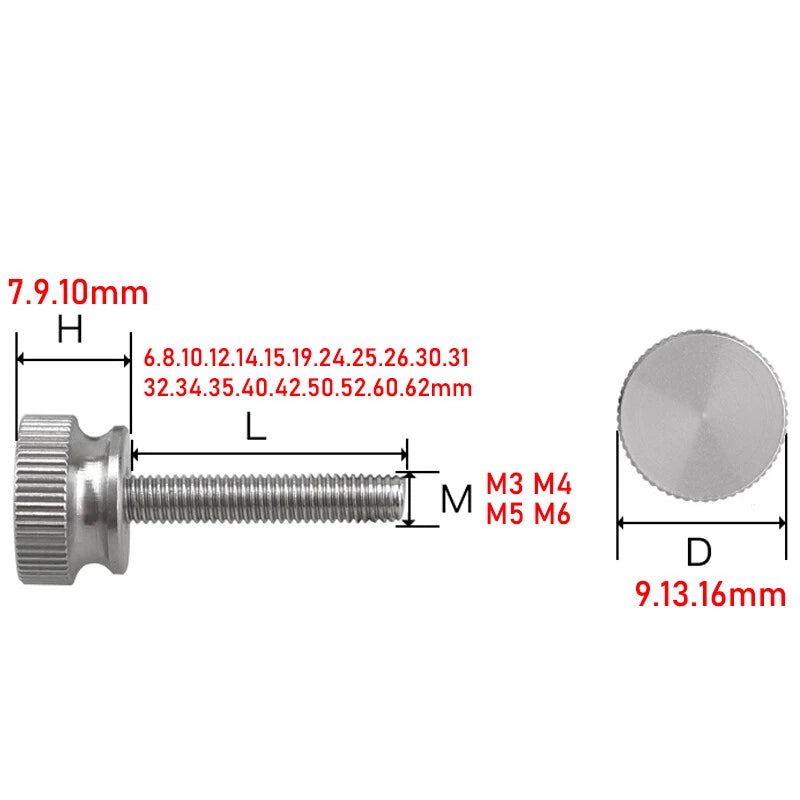 M3 M4 M5 M6 Knurled Thumb Screws Stainless Steel Hand Grip Knob Bolt φ9/13/16mm