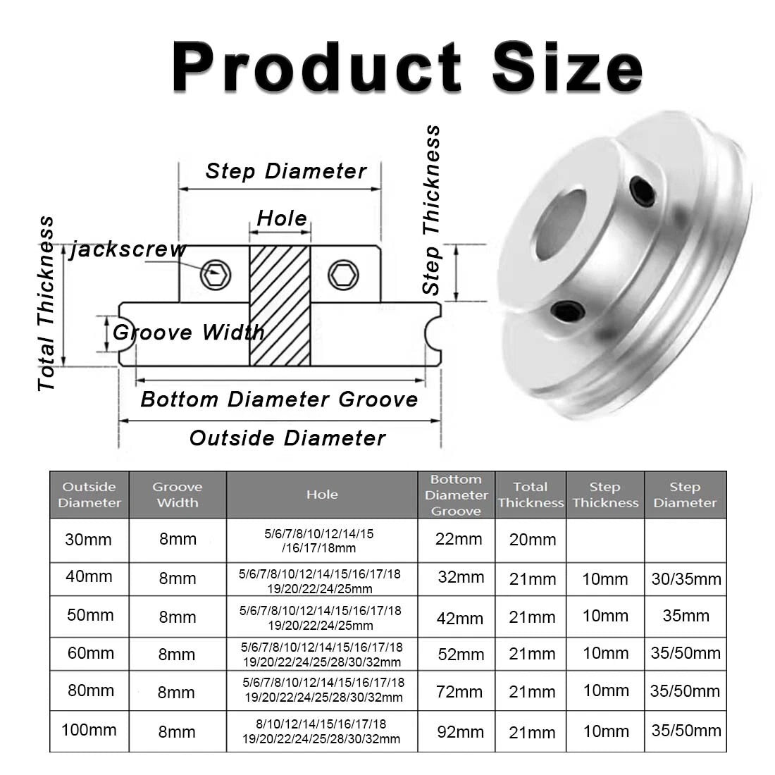 Aluminium U Pulley Single-Slot OD 30mm~100mm for Motor Machine 8MM PU Round Belt