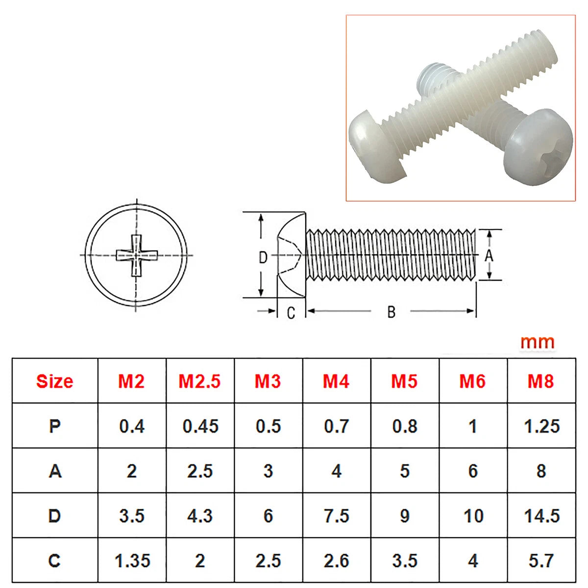 White Nylon Phillips Pan / Countersunk Head Machine Screws with Hex Nuts – M3 M4 M5 M6 M8, Non‑Conductive & Corrosion‑Free