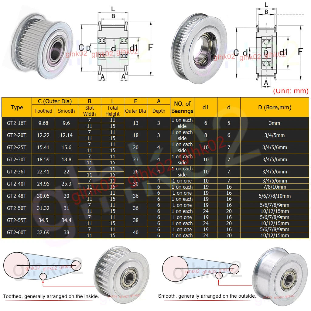 GT2 6 10mm Timing Belt Idler Pulleys 16-60 Teeth 3-15mm Bore For 3D Printer CNC