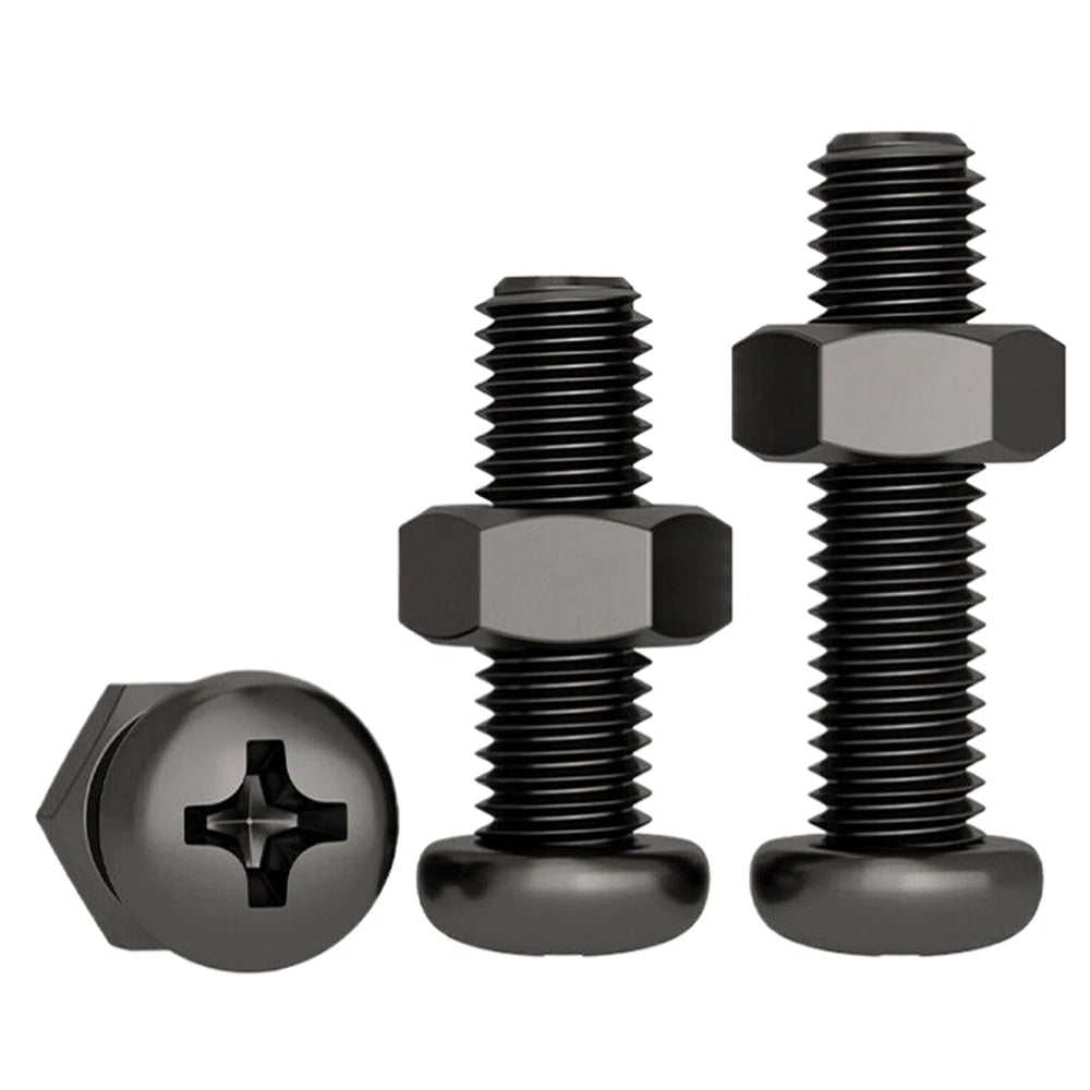 Black Pan Head Phillips Machine Screws + Hex Nuts Set – A2 Stainless Steel, M2 to M10