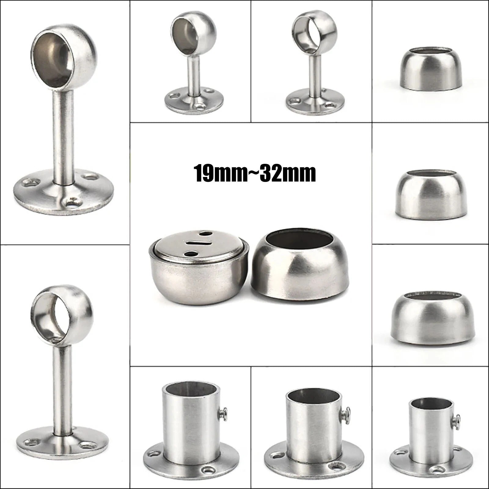 Stainless Steel Wardrobe Rail Brackets & Sockets — End & Centre, Short & High Profile