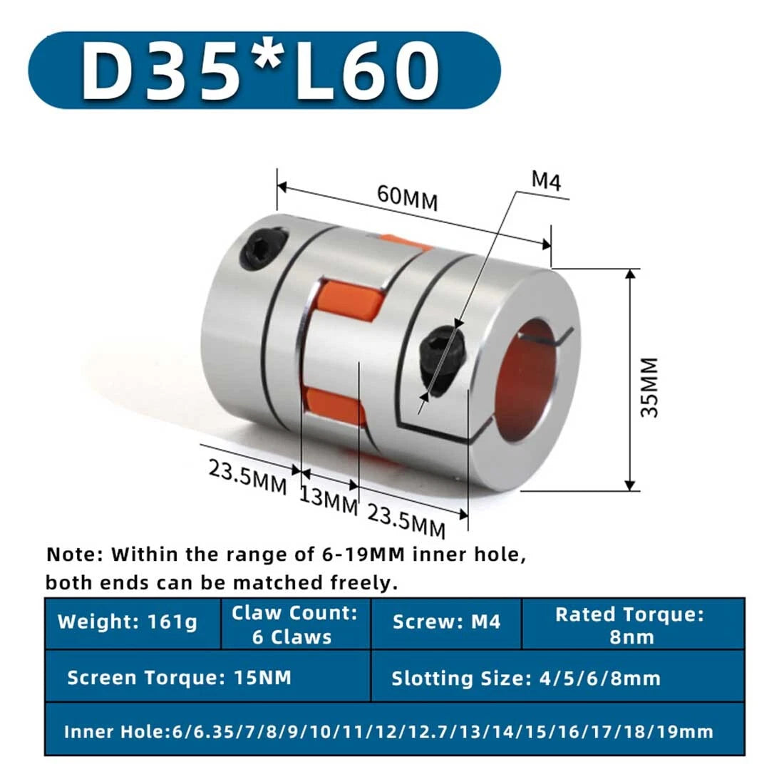 D35L60 CNC Shaft Coupler Flexible Plum Coupling Stepper Motor Jaw Spider 6-19mm